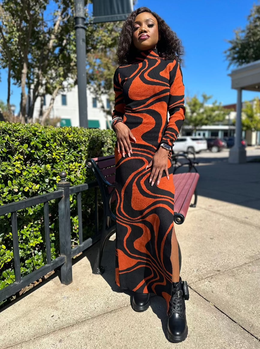 Autumn Wavy Jacquard Side Slit Dress