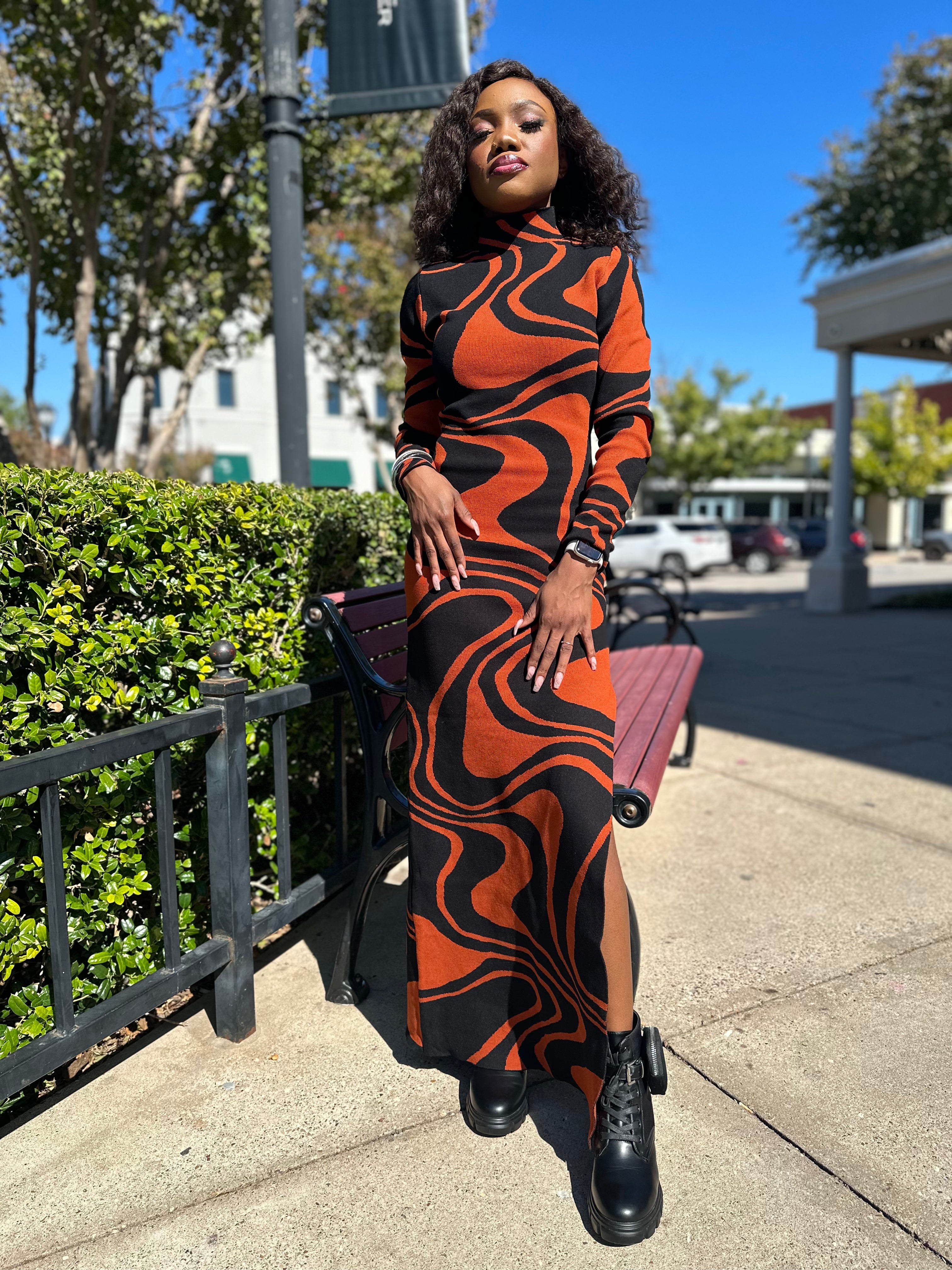 Autumn Wavy Jacquard Side Slit Dress