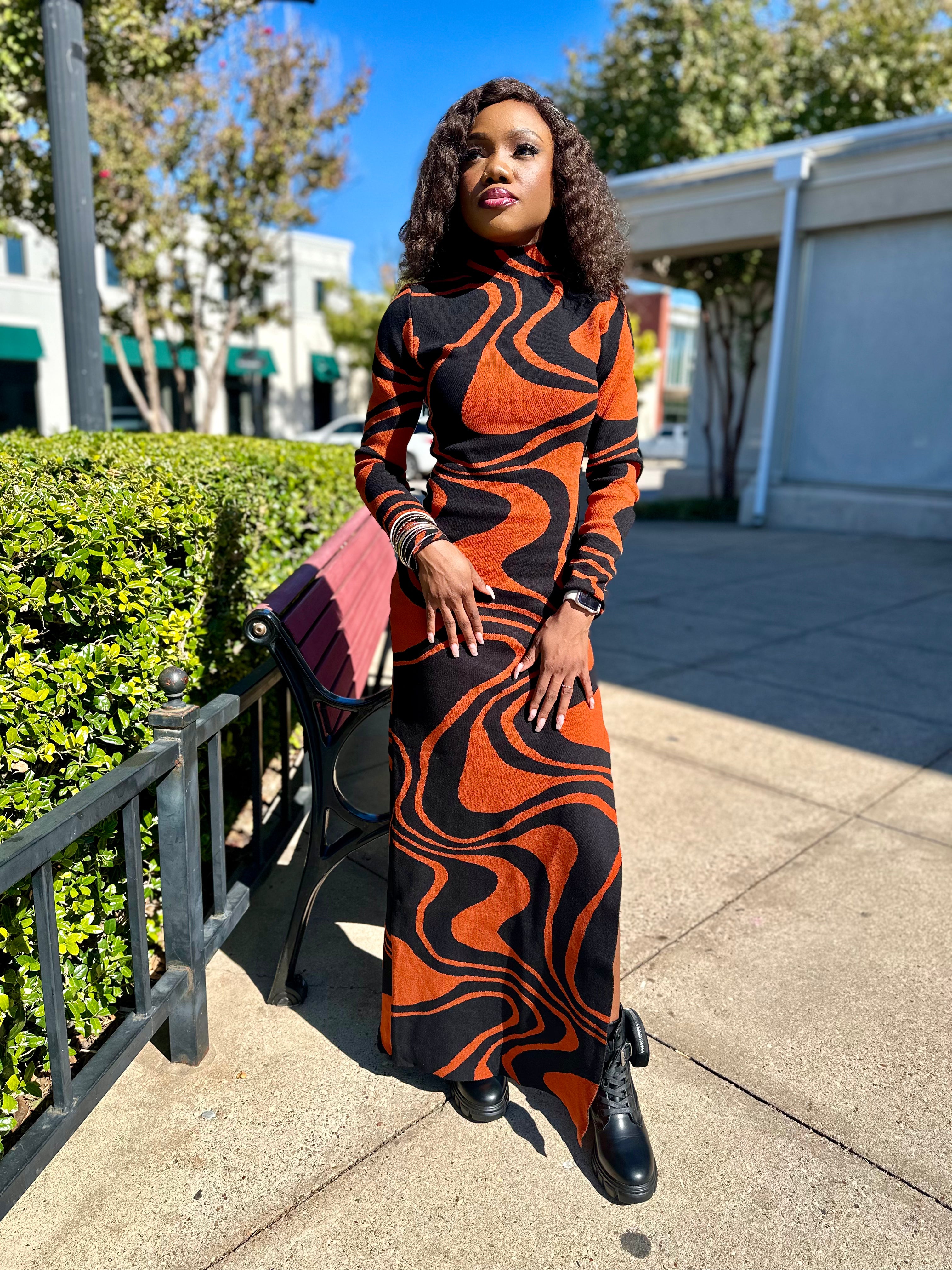 Autumn Wavy Jacquard Side Slit Dress