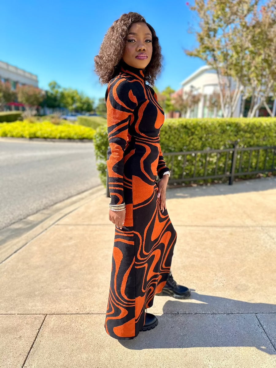 Autumn Wavy Jacquard Side Slit Dress