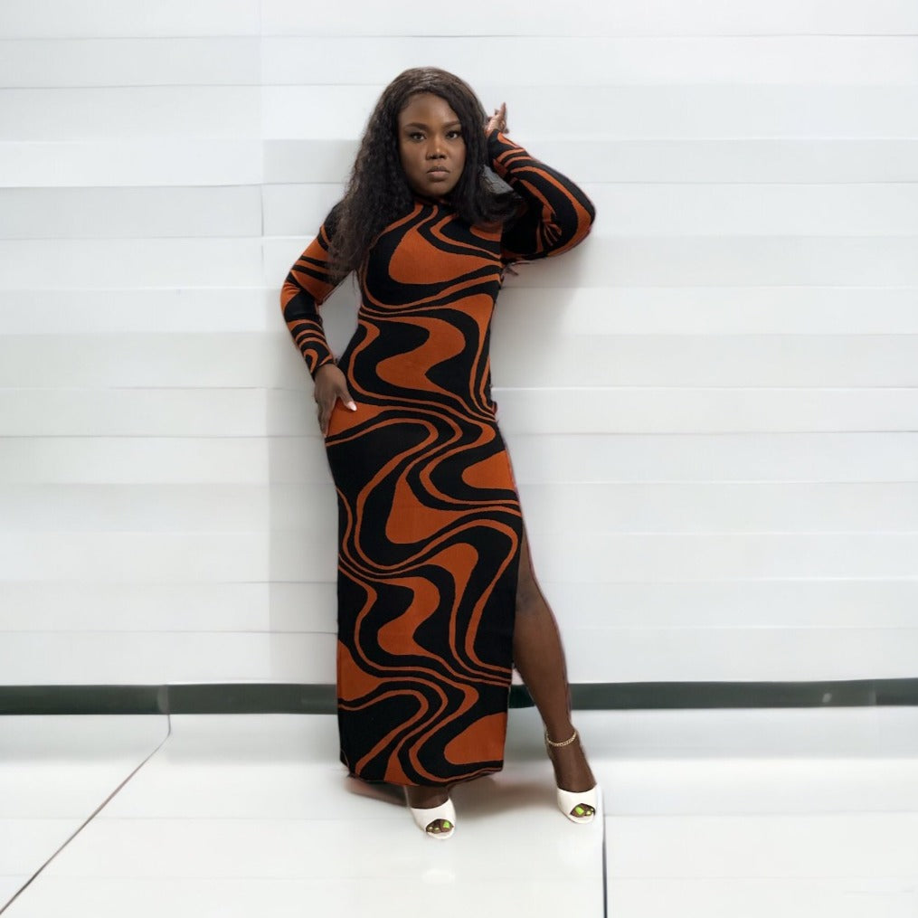 Autumn Wavy Jacquard Side Slit Dress
