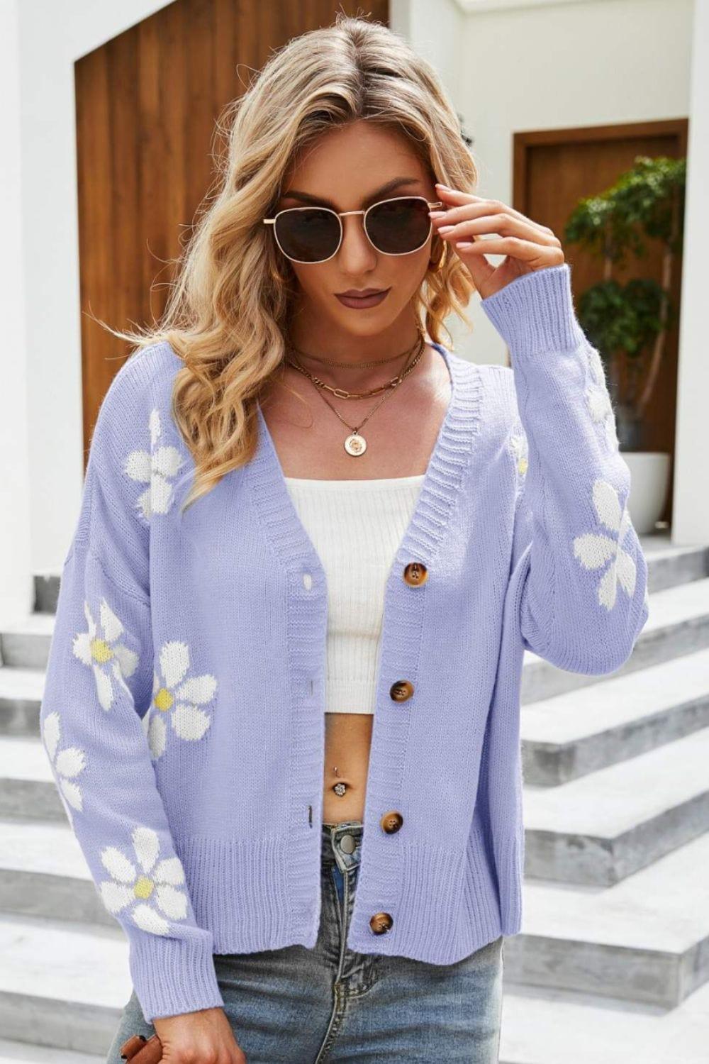 Trendsi Lilac / S Floral Ribbed Trim Drop Shoulder Cardigan