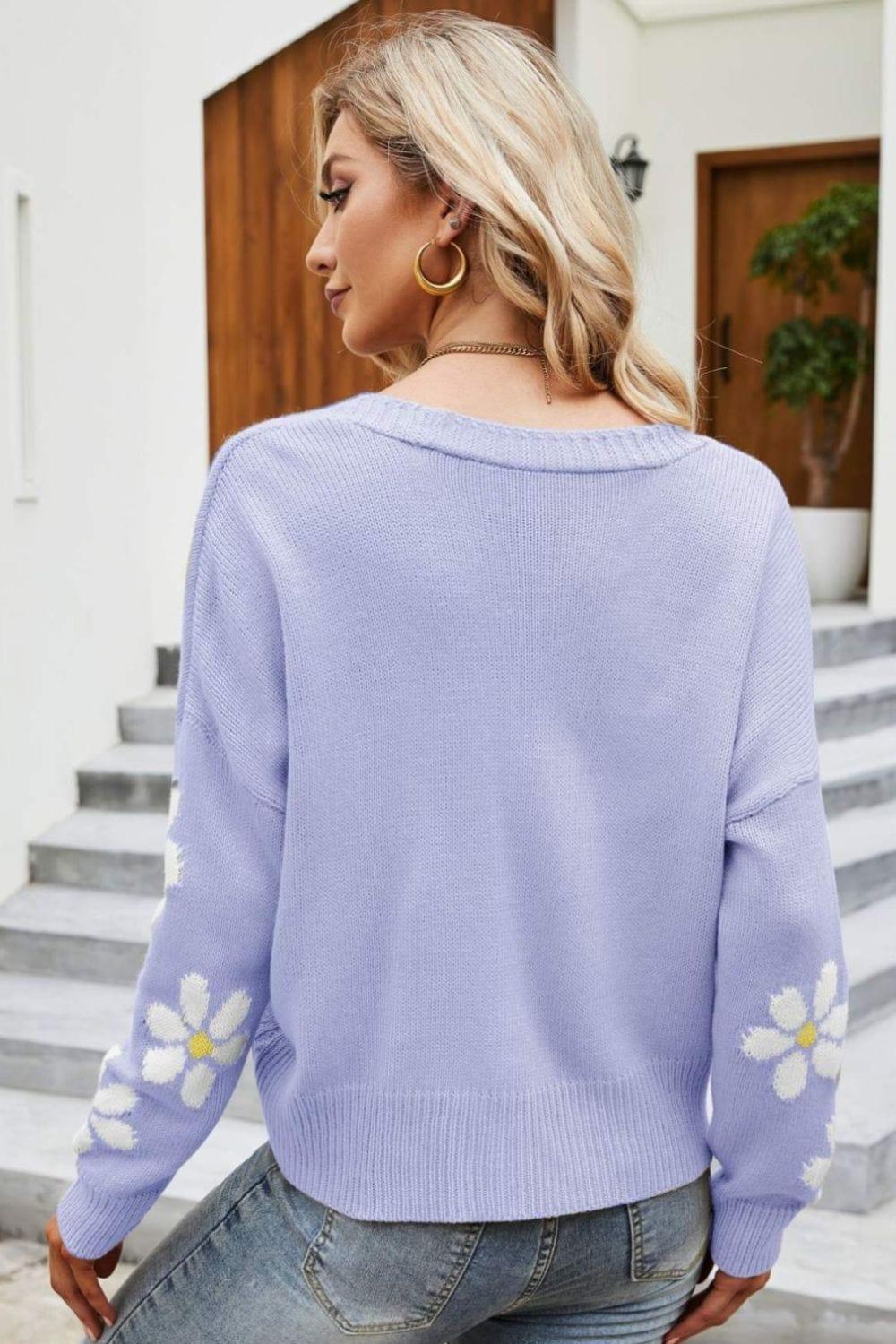 Trendsi Floral Ribbed Trim Drop Shoulder Cardigan