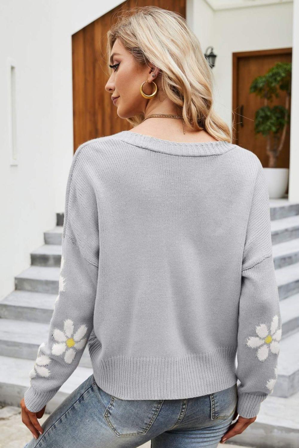 Trendsi Floral Ribbed Trim Drop Shoulder Cardigan