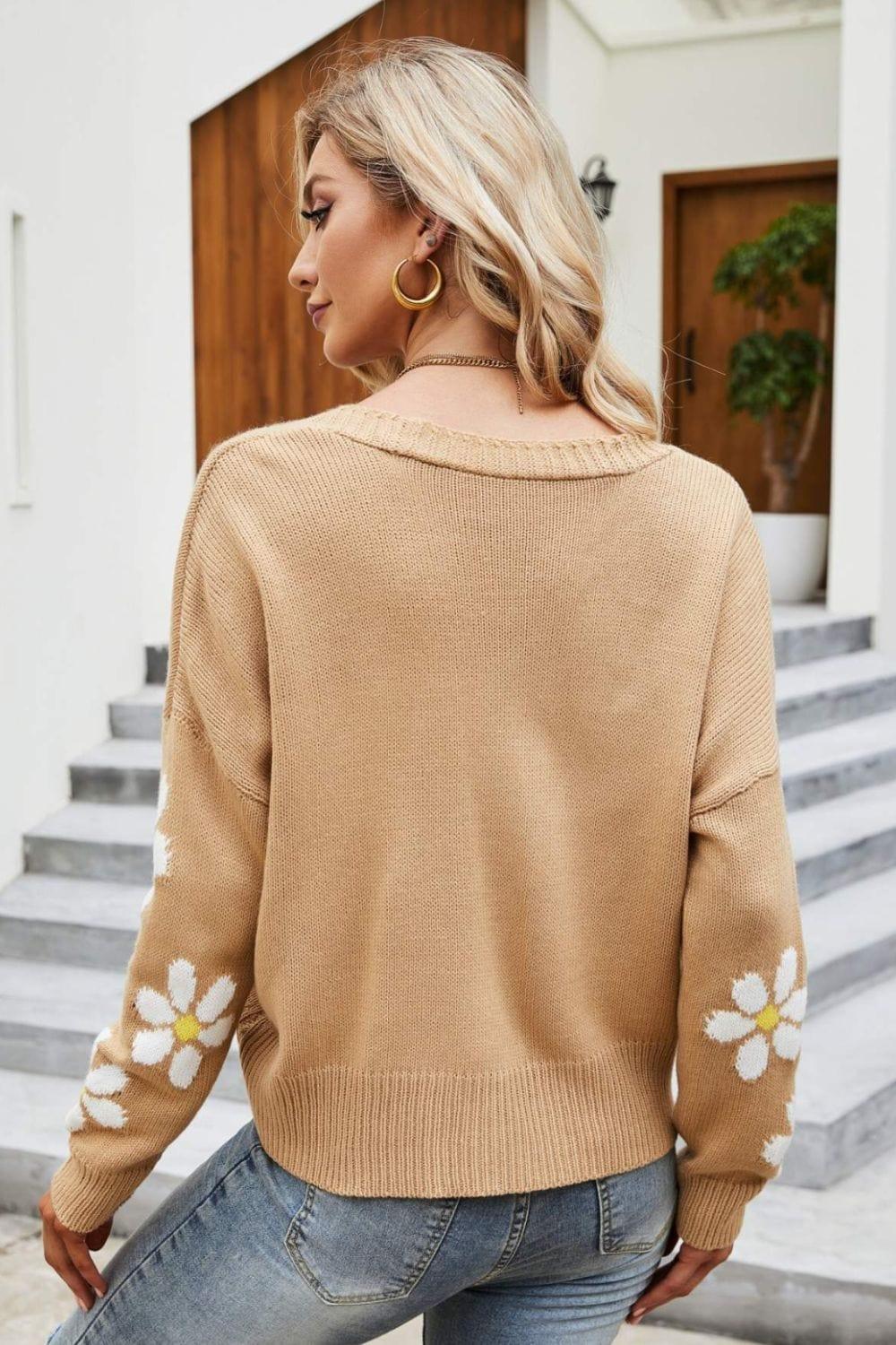 Trendsi Floral Ribbed Trim Drop Shoulder Cardigan
