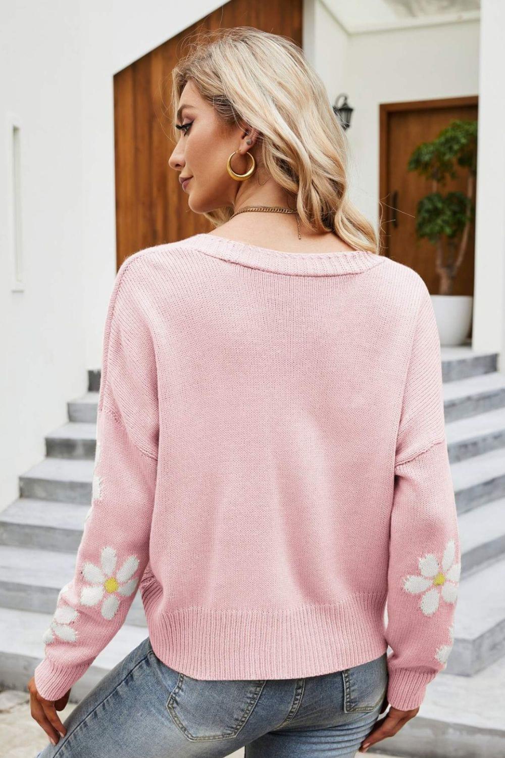 Trendsi Floral Ribbed Trim Drop Shoulder Cardigan
