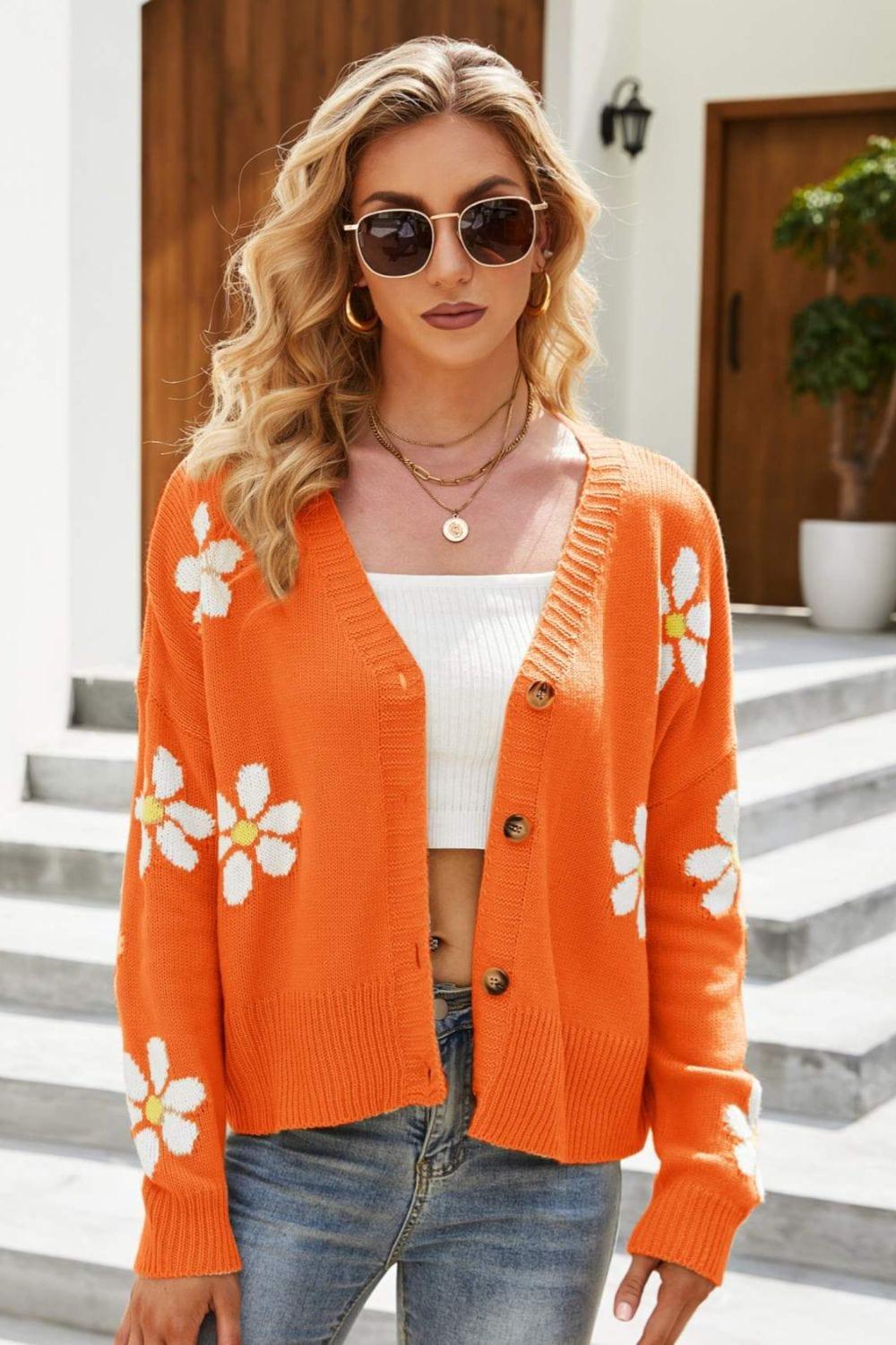 Trendsi Orange / S Floral Ribbed Trim Drop Shoulder Cardigan