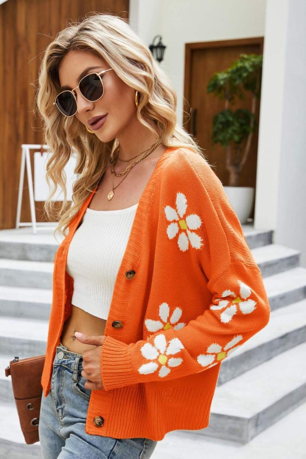 Trendsi Floral Ribbed Trim Drop Shoulder Cardigan