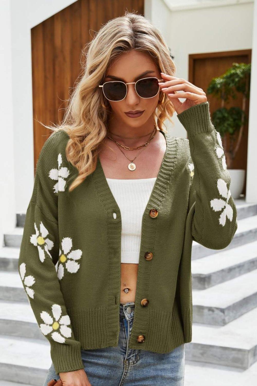 Trendsi Green / S Floral Ribbed Trim Drop Shoulder Cardigan