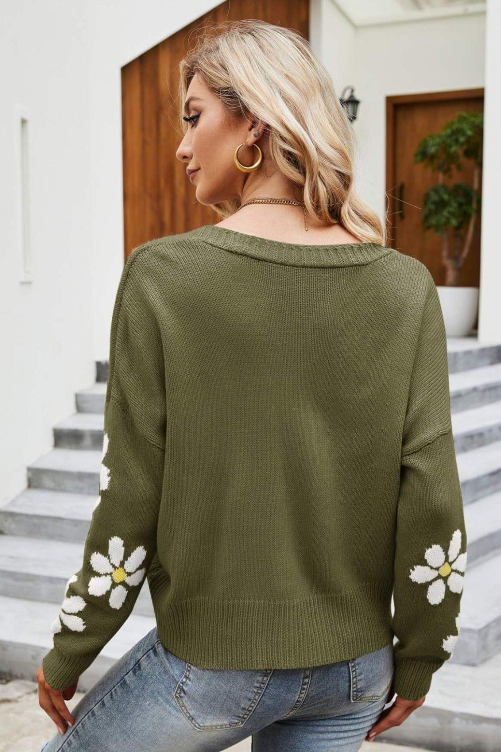 Trendsi Floral Ribbed Trim Drop Shoulder Cardigan