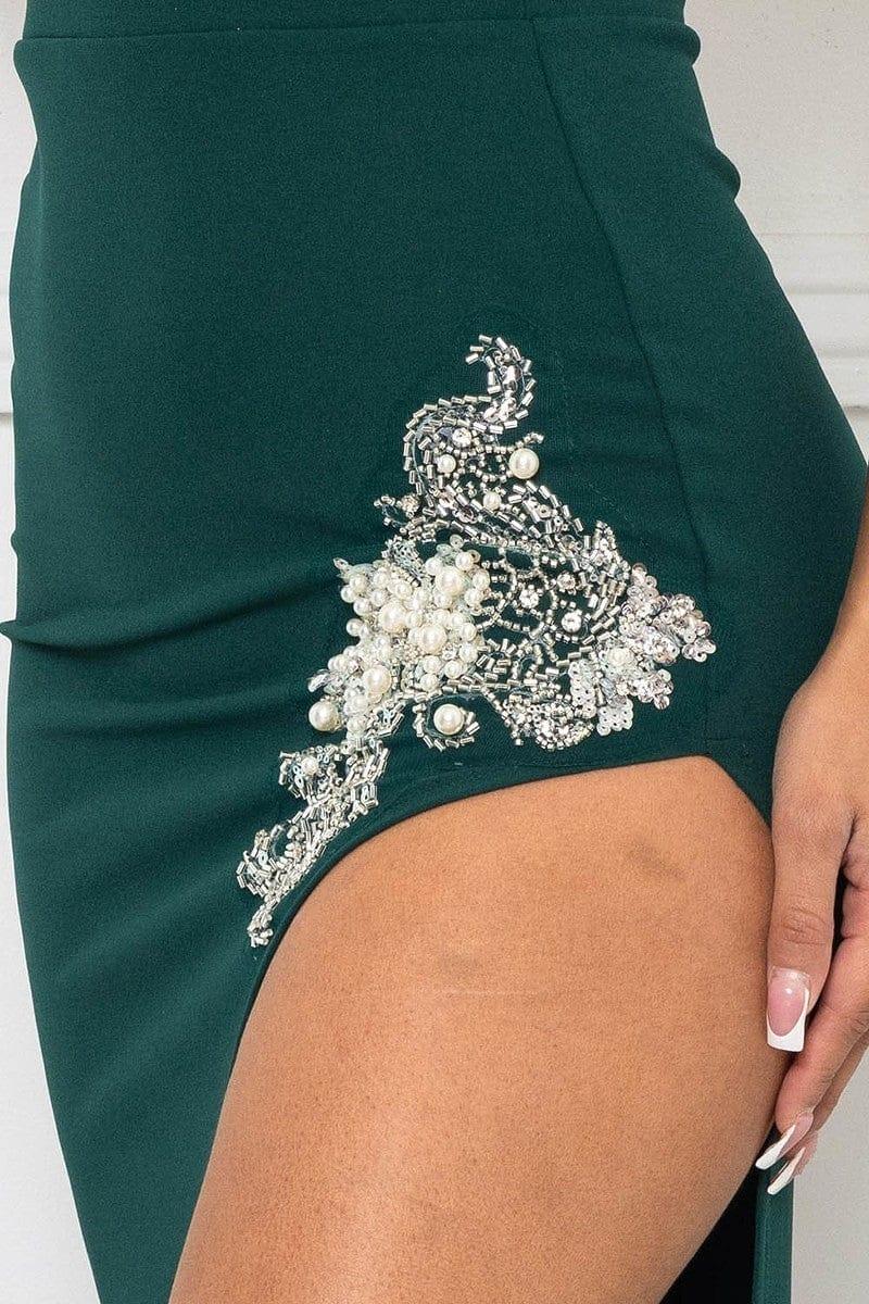 SAVLUXE Dresses Hunter Green Beaded Embroidered Slit Detail Maxi Dress