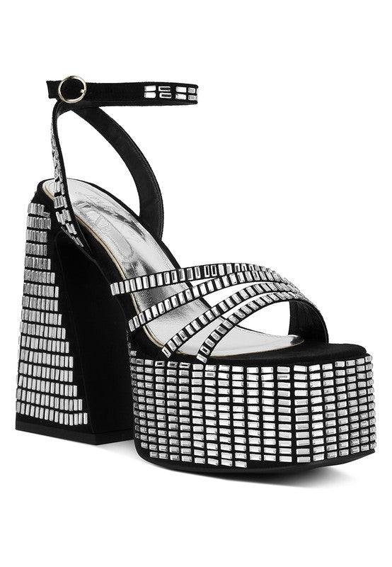 Lustrous Mirror Embellished Flare Heel Sandals - SAVLUXE