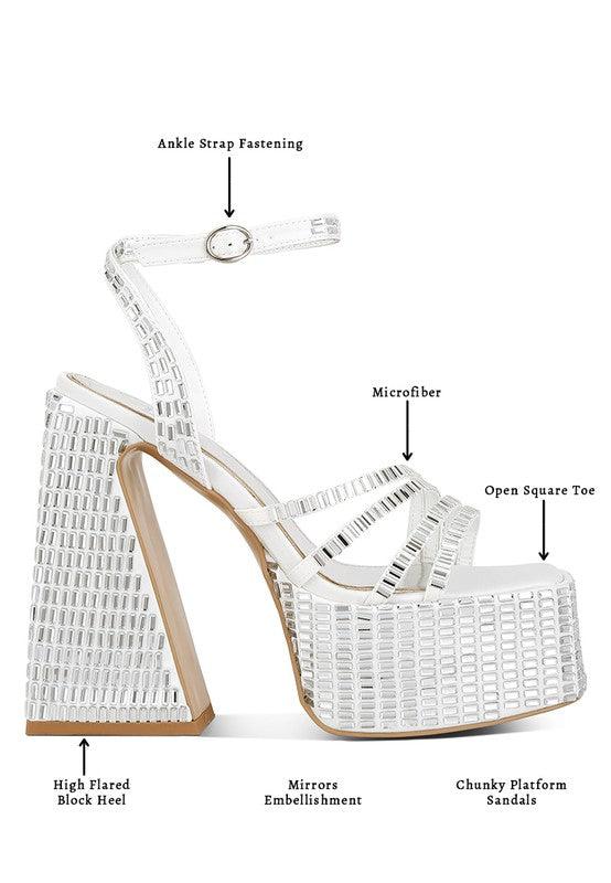 Lustrous Mirror Embellished Flare Heel Sandals - SAVLUXE