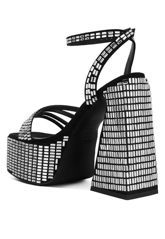 Lustrous Mirror Embellished Flare Heel Sandals - SAVLUXE
