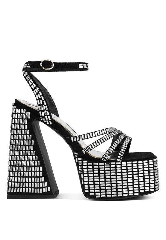 Lustrous Mirror Embellished Flare Heel Sandals - SAVLUXE