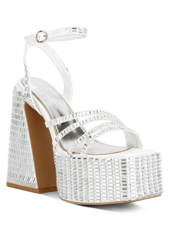 Lustrous Mirror Embellished Flare Heel Sandals - SAVLUXE