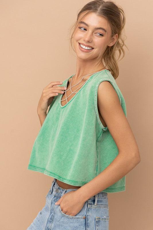 MINERAL WASHED RHINESTONE TANK - SAVLUXE