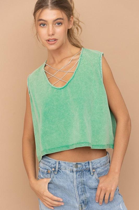 MINERAL WASHED RHINESTONE TANK - SAVLUXE
