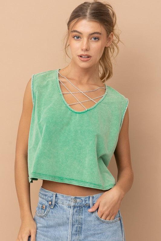 MINERAL WASHED RHINESTONE TANK - SAVLUXE