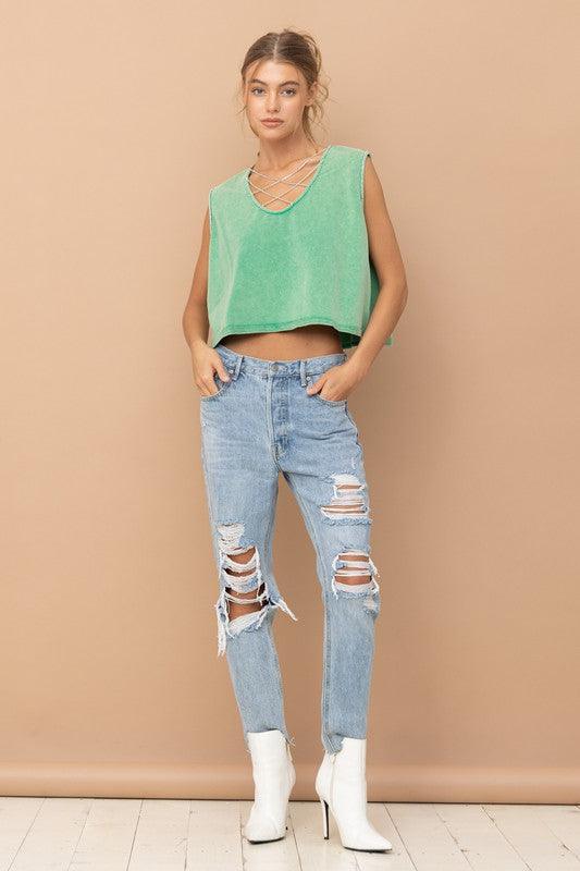 MINERAL WASHED RHINESTONE TANK - SAVLUXE