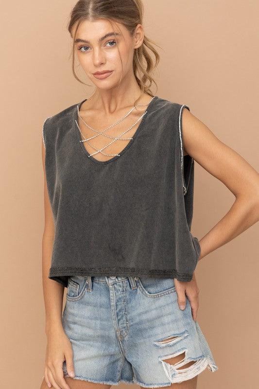 MINERAL WASHED RHINESTONE TANK - SAVLUXE