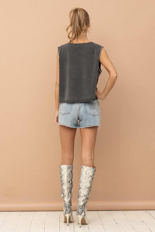 MINERAL WASHED RHINESTONE TANK - SAVLUXE