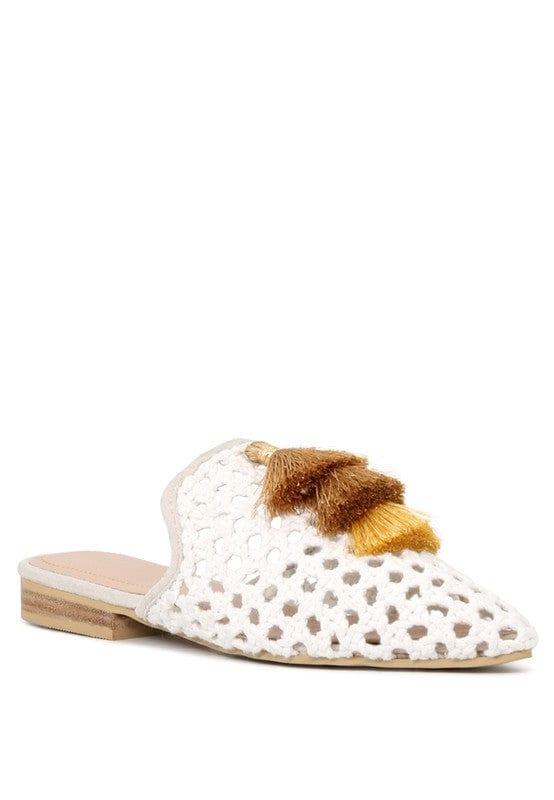 Rag Company White / 5 MIRIAM Woven Metallic Tassel Flat Mules