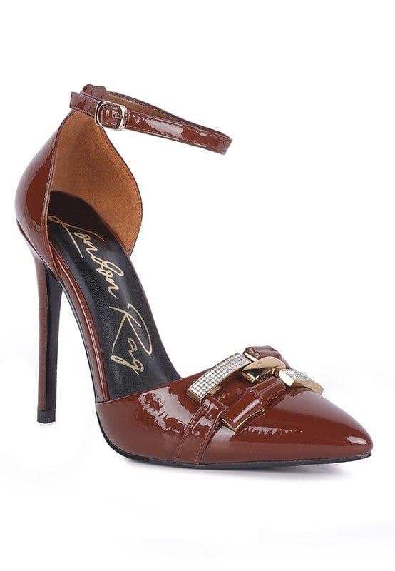 Rag Company Tan / 5 Mocktail Diamante Buckle Patent Stiletto Sandals