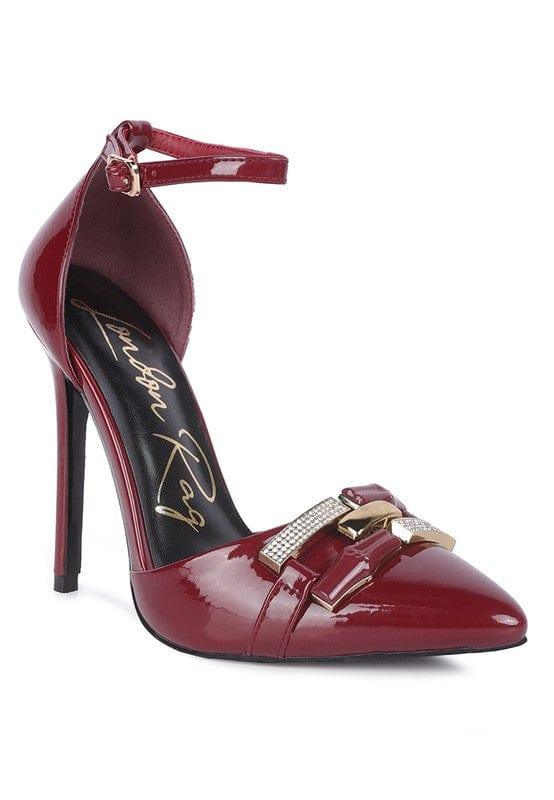 Rag Company Burgundy / 5 Mocktail Diamante Buckle Patent Stiletto Sandals
