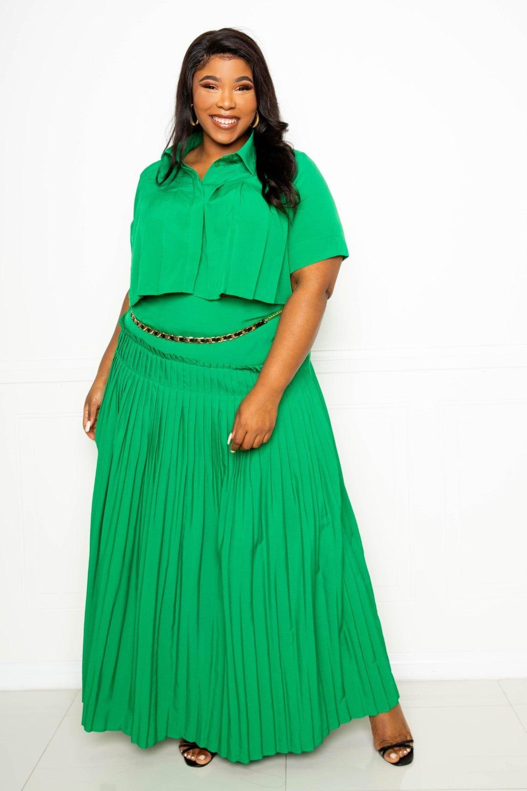 SAVLUXE Pleated Cropped Shirt And Maxi Skirt Set
