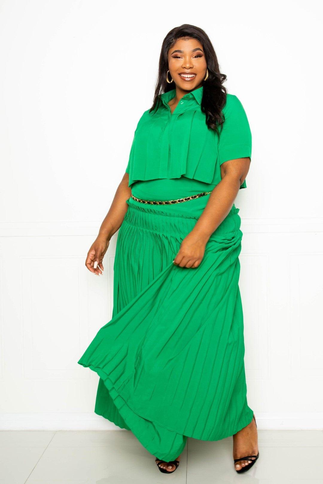 SAVLUXE Pleated Cropped Shirt And Maxi Skirt Set