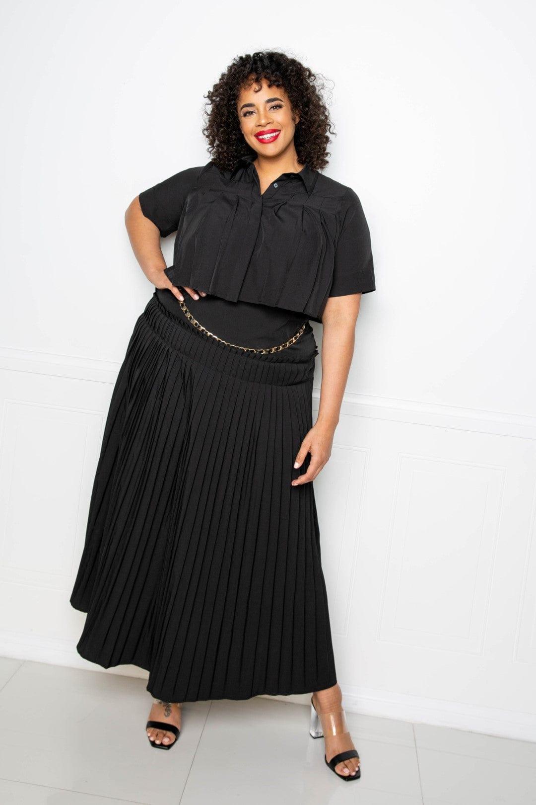 SAVLUXE Pleated Cropped Shirt And Maxi Skirt Set