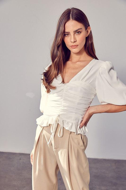PUFF SLEEVE CINCHED TOP - SAVLUXE