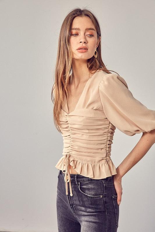 PUFF SLEEVE CINCHED TOP - SAVLUXE