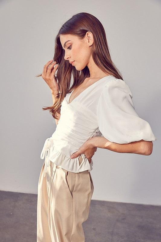 PUFF SLEEVE CINCHED TOP - SAVLUXE