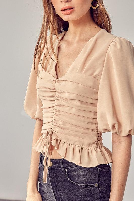 PUFF SLEEVE CINCHED TOP - SAVLUXE