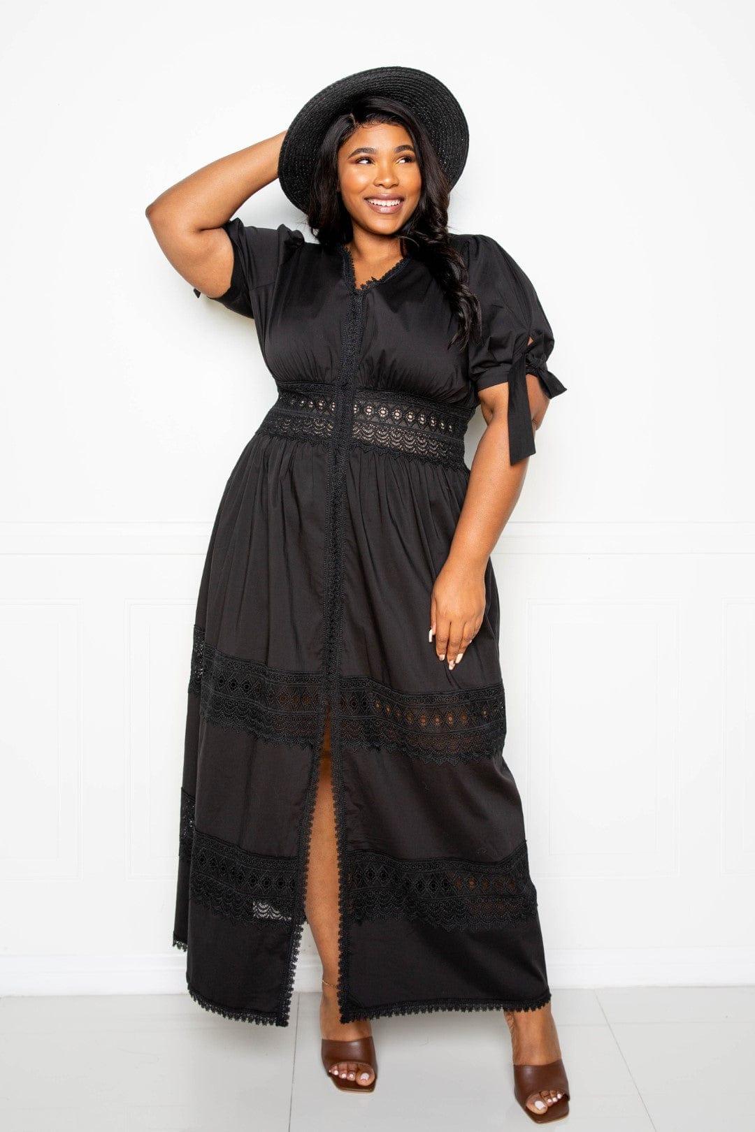 SAVLUXE Default Puff Sleeve Maxi Dress With Lace Insert