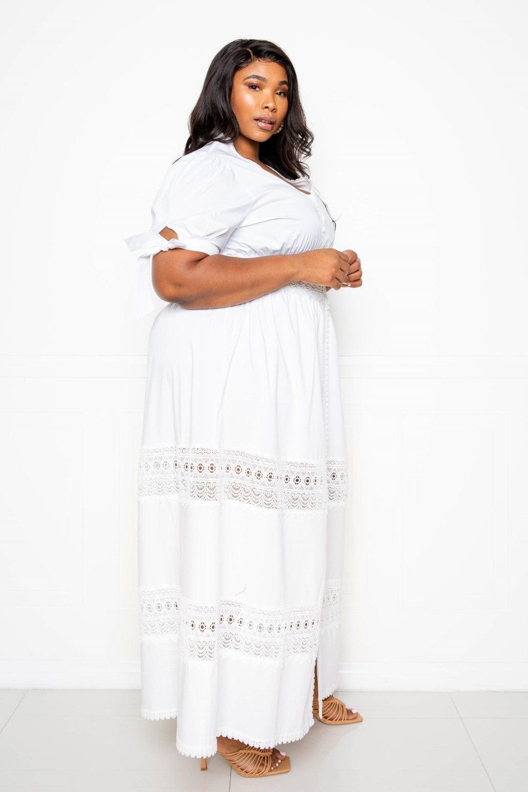 SAVLUXE Default Puff Sleeve Maxi Dress With Lace Insert