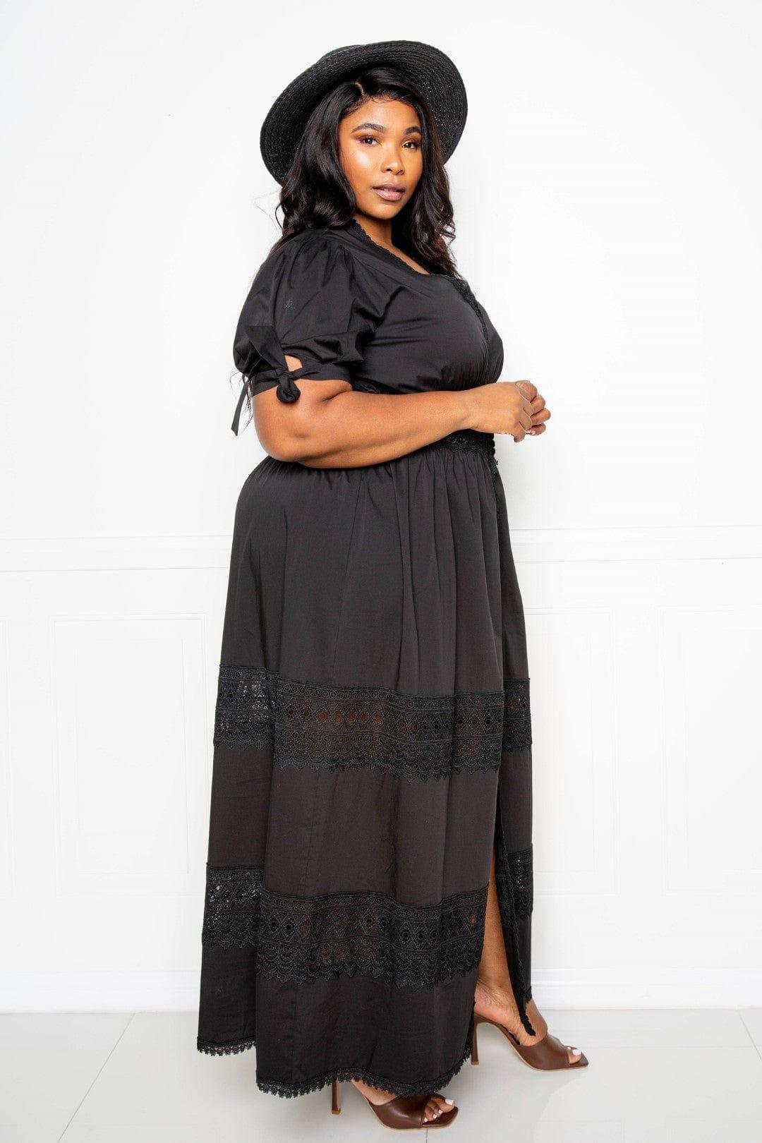 SAVLUXE Default Puff Sleeve Maxi Dress With Lace Insert