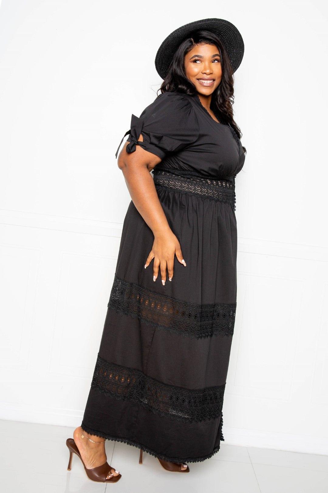 SAVLUXE Default Puff Sleeve Maxi Dress With Lace Insert