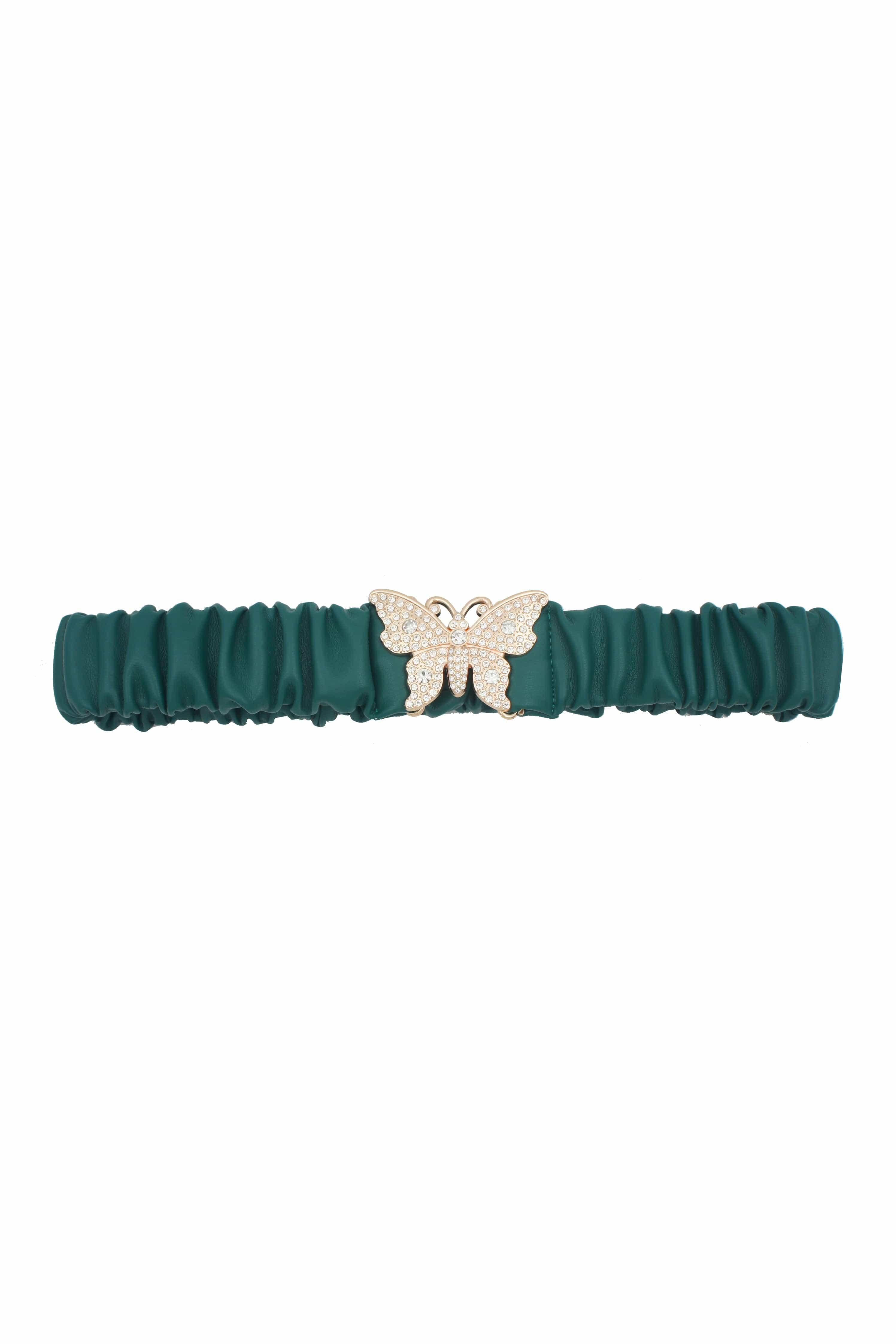SAVLUXE Rhinestone Pave Butterfly Ruched Elastic Back Belt