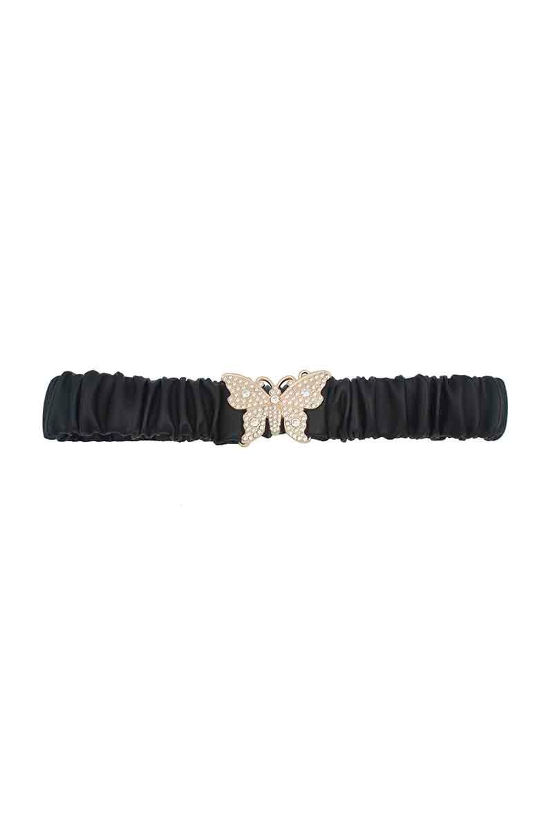 SAVLUXE Rhinestone Pave Butterfly Ruched Elastic Back Belt