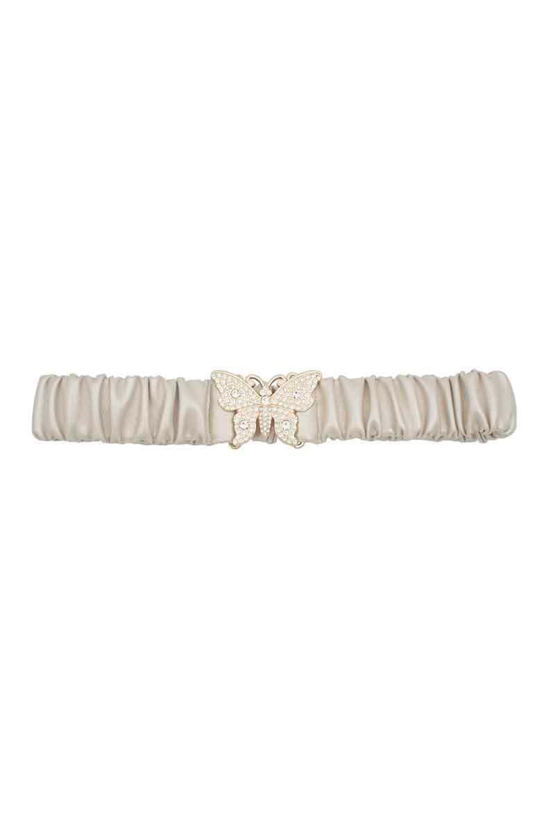 SAVLUXE Rhinestone Pave Butterfly Ruched Elastic Back Belt