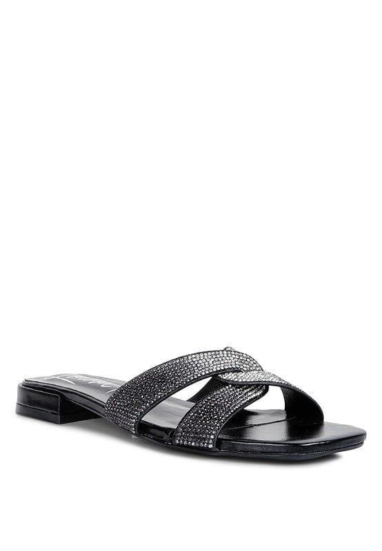 Rag Company Black / 5 Rum Cake Cross Strap Rhinestone Sandals