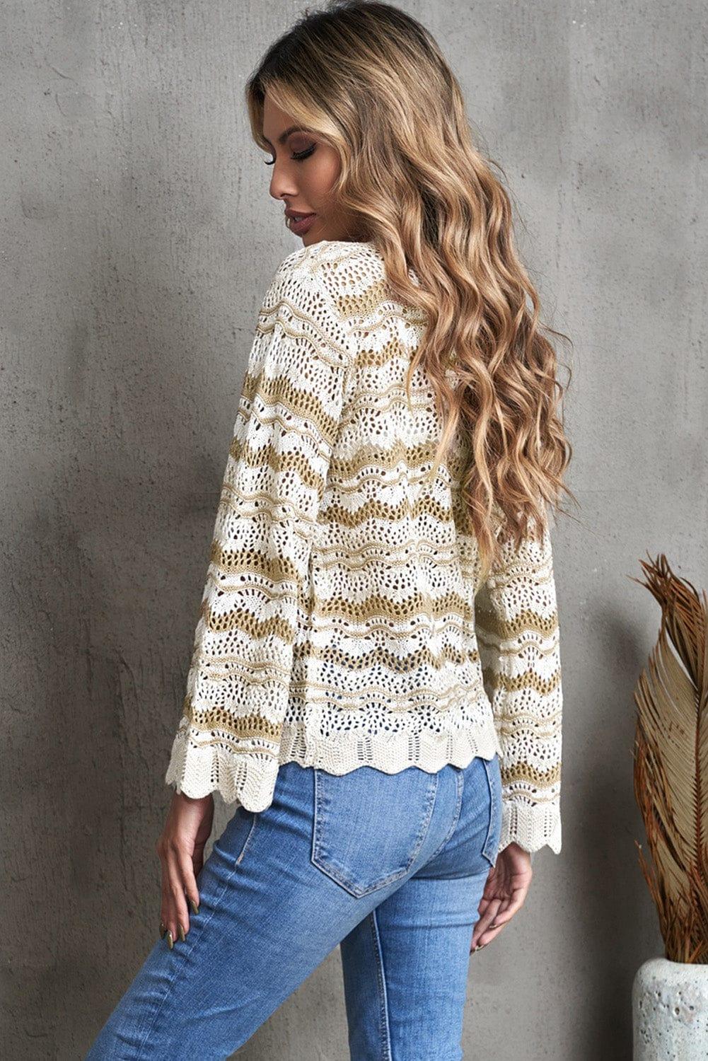 Trendsi Wavy Stripe Scalloped Hem Openwork Knit Top