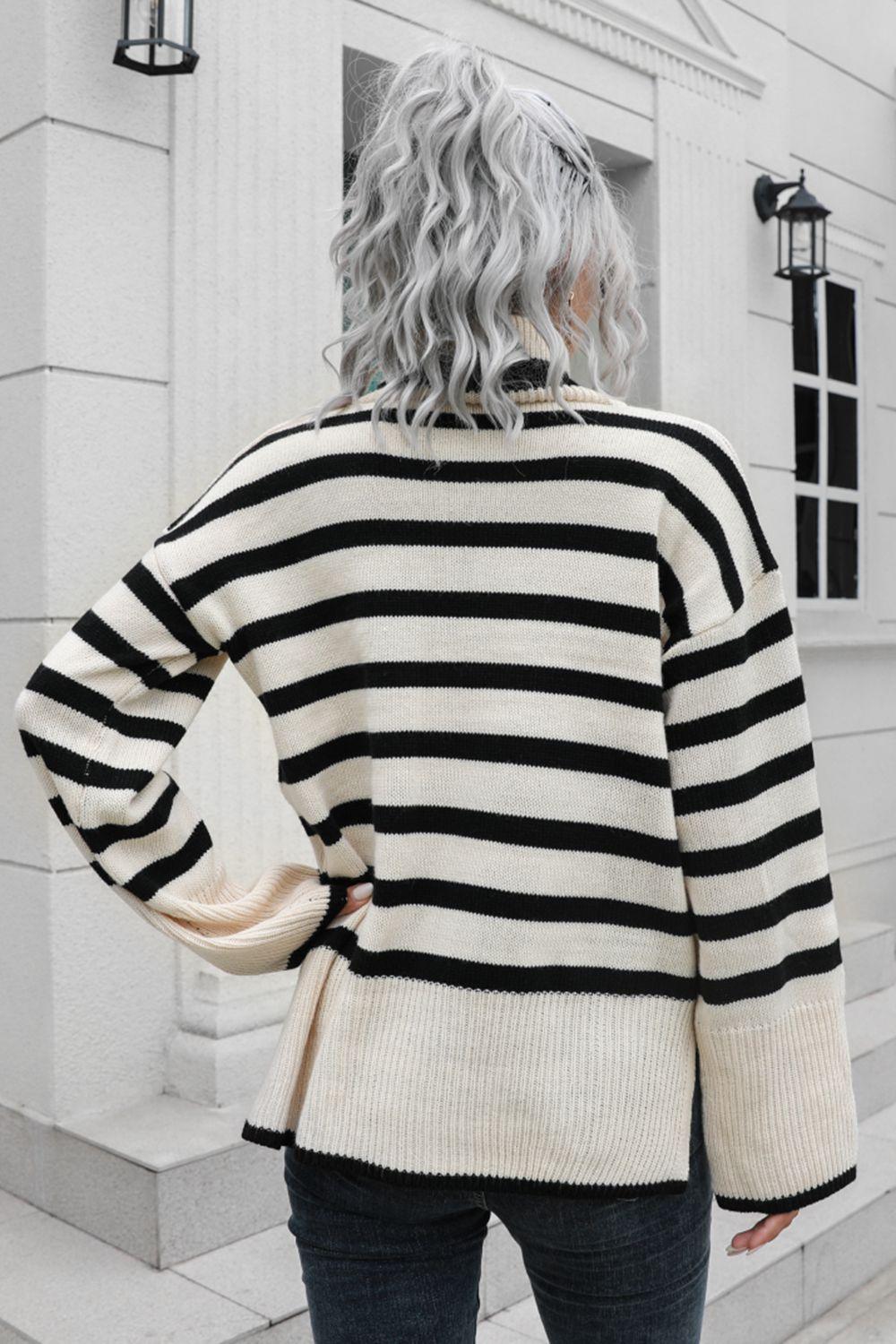 Striped Turtleneck Drop Shoulder Sweater - SAVLUXE