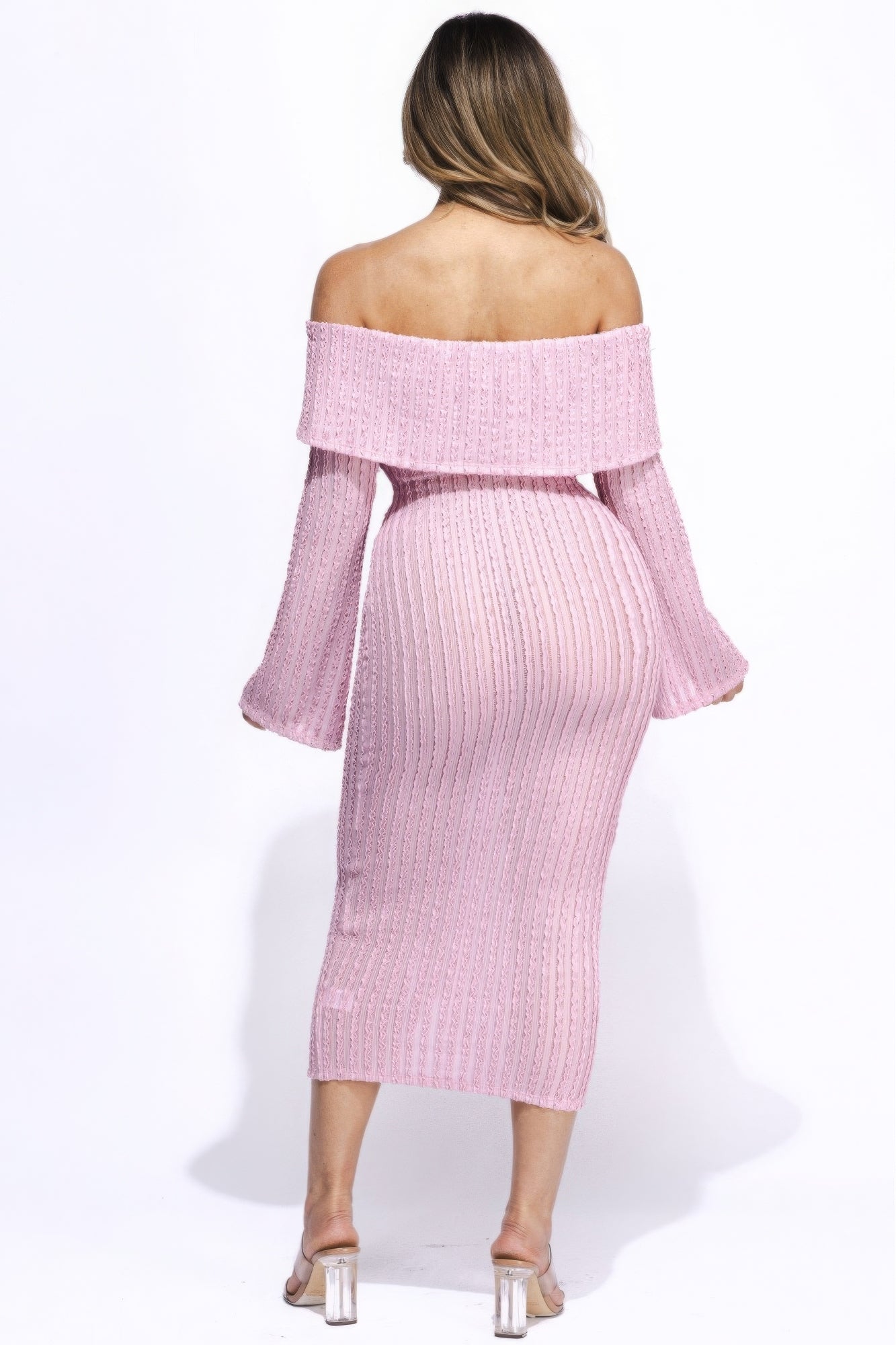 Pink Off Shoulder Midi Dress With Flared Sleeve
