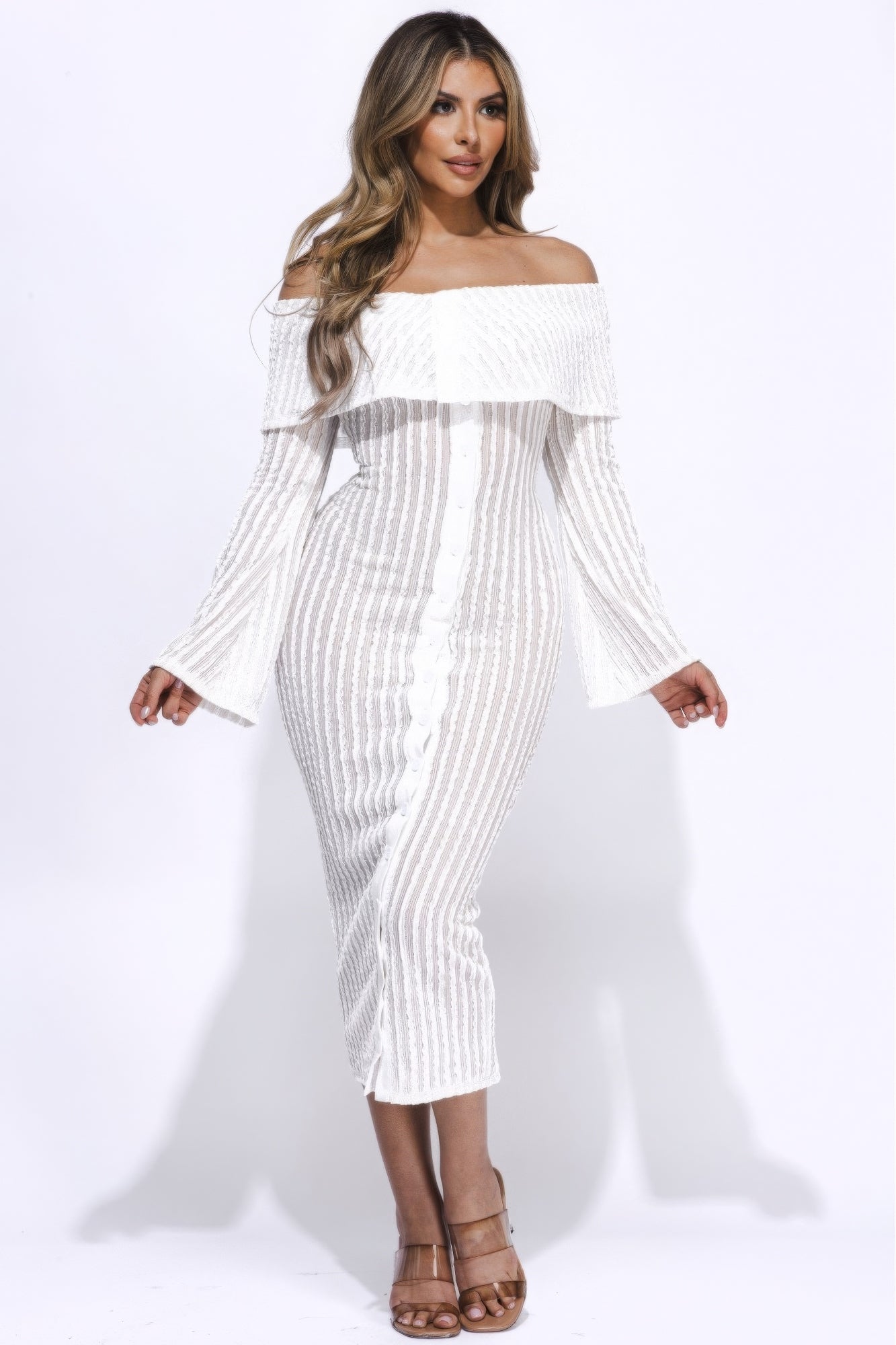White Off Shoulder Midi Dress With Flared Sleeve
