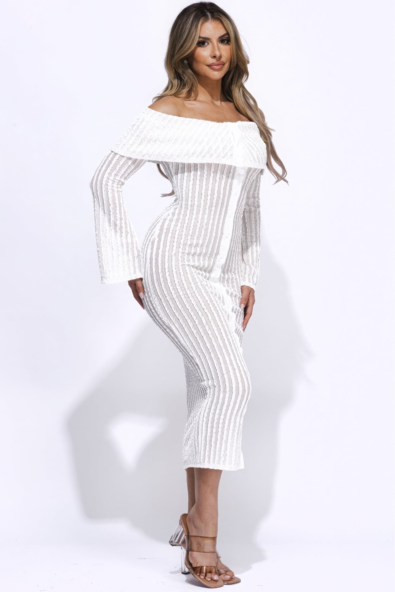 White Off Shoulder Midi Dress With Flared Sleeve
