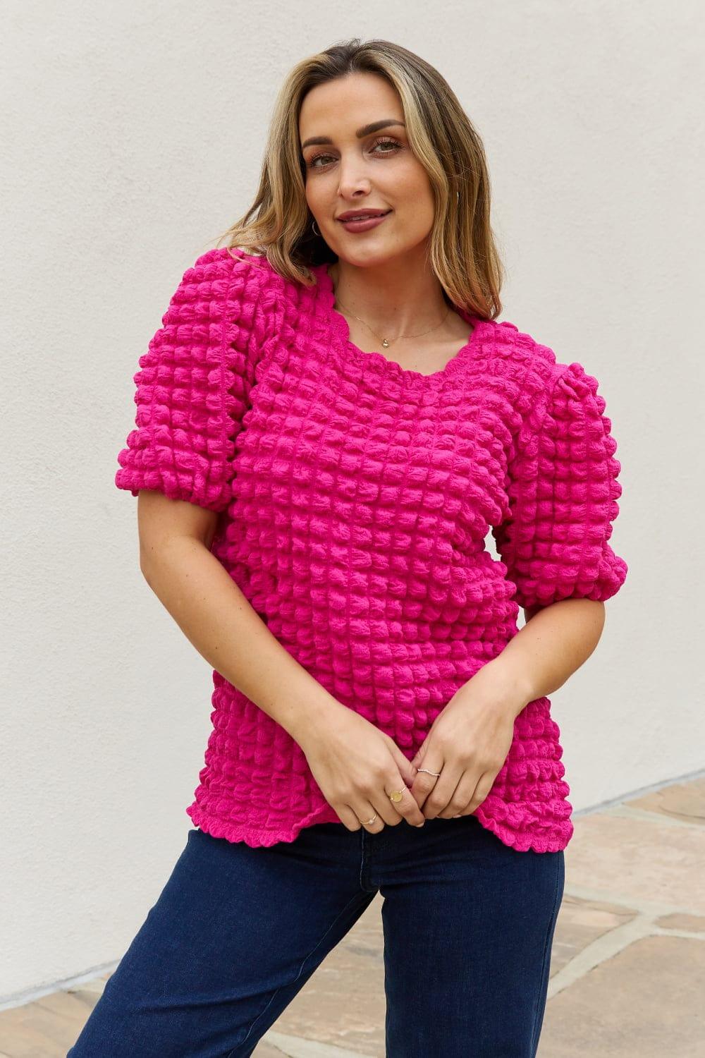 Trendsi Hot Pink / S And The Why Full Size Bubble textured Puff Sleeve Top